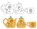 Set of ceramic dishes: teapot, sugar bowl and cup. Color and linear drawing on a white background. Vector Royalty Free Stock Photo