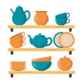 Set ceramic kitchenware. Cute handmade ceramic plates, mugs, sugar bowl, teapots, dishes. Kitchen tools, pottery. Flat Royalty Free Stock Photo