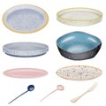 Set of ceramic plates, dessert spoons and forks illustration