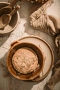 Set of ceramic tableware. Empty craft ceramic plates, bowls and cups kitchen table Royalty Free Stock Photo