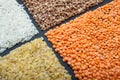 Set of cereals on a black background: lentils, rice, buckwheat and bulgur