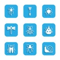 Set Chafer beetle, Cockroach, Snail, Ladybug, Beetle, Dragonfly, Spider and icon. Vector