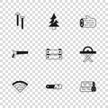 Set Chainsaw, Electric circular, Wooden log, box, Metallic nails, Tree and Hand icon. Vector