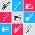Set Chainsaw, Hacksaw and Construction stapler icon. Vector