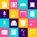 Set Chair, Shelf with books, Picture, Sofa, Water tap, Office chair, Washer and Wooden table icon. Vector Royalty Free Stock Photo