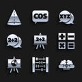 Set Chalkboard, Abacus, Human brain, Calculator, with diagram, Equation solution, XYZ Coordinate system and Geometric Royalty Free Stock Photo