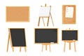 Set chalkboard, blackboard, easel, cork board on tripod in cartoon style isolated on white background. Collection