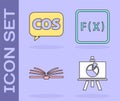 Set Chalkboard with diagram, Mathematics function cosine, Open book and Function mathematical symbol icon. Vector