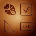 Set Chalkboard, Graph, schedule, chart, diagram, Triangle math and Square root on wooden background. Vector