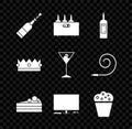 Set Champagne bottle, Bottles of wine in wooden box, Cake, Video game console, Popcorn cardboard, Crown and Martini