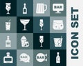 Set Champagne bottle, Cocktail Bloody Mary, Glass of whiskey, Wooden beer mug, Wine glass, and champagne icon. Vector