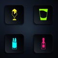 Set Champagne bottle, Glass of beer, Cocktail Bloody Mary and Shot glass. Black square button. Vector