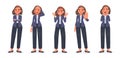 Set of character business woman expressing negative emotions. Displeased, angry girl. Headache, stop gesture