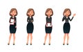 Set character businesswoman in various poses. Cartoon secretary or teacher on different working situations. Smiling