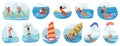 Set of Character Engaged in Water Activities Swimming, Boating, Paddleboarding, Kite or Wind Surfing, Water Skiing