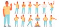 Set of character of a young man in various poses and actions. The guy is engaged in daily affairs. He works, rests, eats