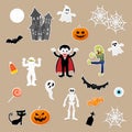 Set of characters in cartoon style elements of halloween festival on paper background.