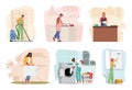 Set of Characters doing Daily Household Routines. Cleaning, Cooking, Organizing, Laundry, And Maintenance Home