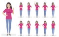 Set of characters of a girl in a pink T-shirt and blue jeans.