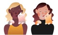 Set with characters. Girls with their cats. Colored vector illustration