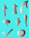 Set of characters - gray gradient on arrows, cursor, exclamation mark, blue background, isolated characters drawn by hand