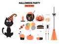 Set of characters for Halloween in cartoon style,elements,cute,ghost,pumpkin,witch, Vector illustration. Royalty Free Stock Photo