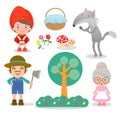Set of characters from Little Red Riding Hood fairy tale on white background, Vector Illustration.