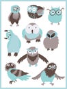 Set of characters of owl 9 designs. Birds in different emotions. Vector cartoon illustration. Royalty Free Stock Photo