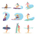 Set characters surf girls who surfing in blue waves or hold surfboards on beach. Royalty Free Stock Photo