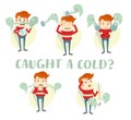 A set of characters with the symptoms of the common cold: cough, sore throat, headache, runny nose, fever, high temperature. Flat Royalty Free Stock Photo