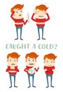 A set of characters with the symptoms of the common cold: cough, sore throat, headache, runny nose, fever, high temperature. Flat