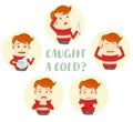 A set of characters with the symptoms of the common cold: cough, sore throat, headache, runny nose, fever, high temperature. Flat Royalty Free Stock Photo