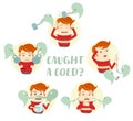 A set of characters with the symptoms of the common cold: cough, sore throat, headache, runny nose, fever, high temperature. Flat