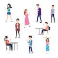 Set of characters teenagers men and women looking in smartphone, urban situations, vector, modern life, illustration