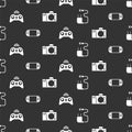 Set Charger, Portable video game console, Wireless gamepad and Photo camera on seamless pattern. Vector.