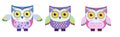 Set of cute colored owls. Flat vector illustration