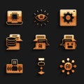 Set Chat bot, Algorithm, Neural network, Artificial intelligence AI, Server, Data, Computer api interface and Processor Royalty Free Stock Photo