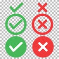 Set of check mark icon on a transparent background. Checkmark cross symbol. Checkmark right symbol tick sign. flat style