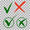 Set check mark icons. Green tick and red cross checkmarks in two variants. Royalty Free Stock Photo