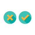 Set of check mark icons. Squared orange tick and cross with shadow in blue circle Royalty Free Stock Photo