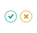 Set of check mark icons. white rounded tick in blue circle and cross in orange circle Royalty Free Stock Photo