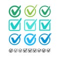 Set of check mark vector icon. Colored checkmark right symbol tick sign. Ok button correct circle icon. Vector illustration. Royalty Free Stock Photo