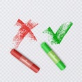 Set of Check marks on black school board, Chalk Checkmark and X or Confirm and Deny Icon, Vector EPS 10 illustration