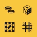 Set Checker game chips, Tic tac toe, Board and Game dice icon with long shadow. Vector
