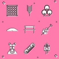 Set Checkered napkin, Wheat, Wooden barrels, Homemade pie, Bench, Violin, Costume for women dirndl and Harmonica icon