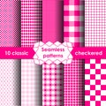 Set of checkered simple fabric seamless pattern in pink and white