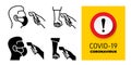 Set of checking body temperature line and glyph icon, coronavirus and covid-19. Warning and attention icon. Temperature scanning