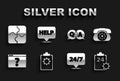 Set Checklist with 24 hours service, Telephone, Clock, Browser question mark, Question and Answer, Piece of puzzle and
