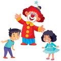 Set of cheerful clown and happy children, isolated object on white background, vector illustration,