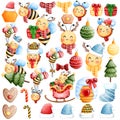 Set of cheerful happy little bee with christmas ornaments illustration.Watercolor cute animal with christmas accessories Royalty Free Stock Photo